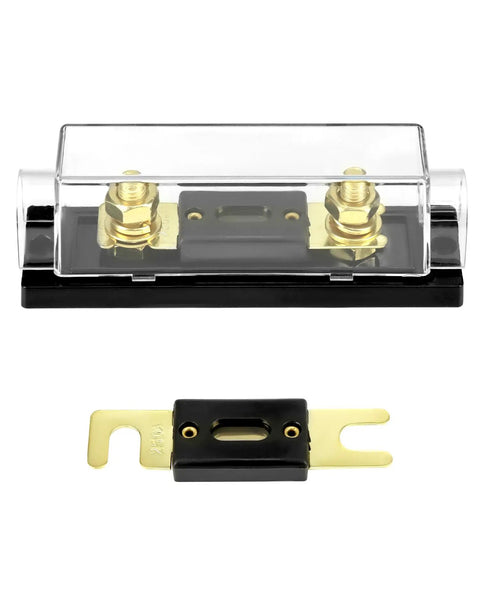 250A Inline ANL Fuse Holder Pack Of 4 For Car Audio Amplifiers, 0, 2, And 4 Gauge Wiring, Corrosion Resistant Terminals, High Temp ABS Base, Crystal Clear Lid For Quick Fuse Status, Includes 2 Mounting Holes. Clear lid inline ANL fuse holder with 250A terminals and 2-hole mount
