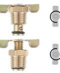 Two brass air compressor drain valves with wing nut handle, one quarter inch NPT inlet, shown open and closed, durable rust resistant.