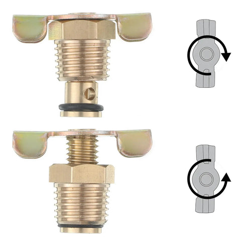 Two brass air compressor drain valves with wing nut handle, one quarter inch NPT inlet, shown open and closed, durable rust resistant.