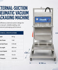 Big Time Vertical Pneumatic Vacuum Sealer With Wide 600mm Stainless Steel Sealing Bar And Rolling Cart front view with specifications.