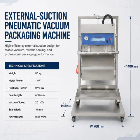Big Time Vertical Pneumatic Vacuum Sealer With Wide 600mm Stainless Steel Sealing Bar And Rolling Cart front view with specifications.