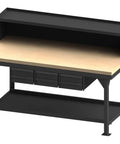 Tough As Nails Six Drawer Workbench With Spacious Maple Top And Added Riser showing heavy gauge steel frame and maple surface.