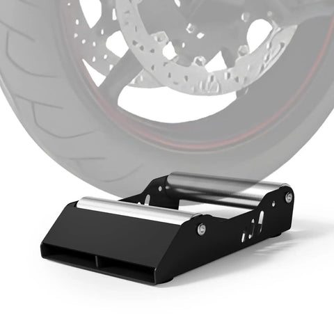 Beefy Universal Motorcycle Wheel Cleaning Stand With Paddock Roller 600 Lb Capacity For Tire Cleaning And Chain Lubrication Fits Dirt Pit Street And Touring Bikes Black shown in front view with wheel illustration.