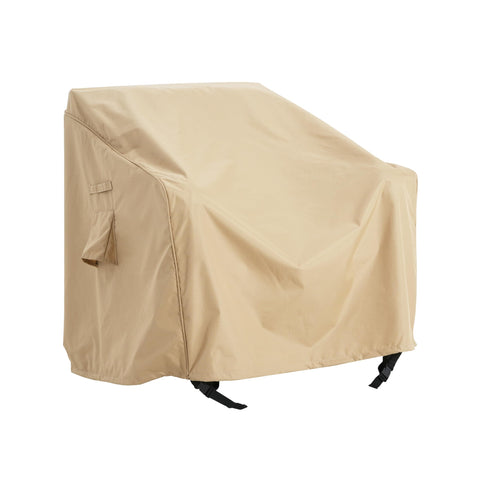 Weatherproof Patio Club Chair Cover with UV resistant polyester in beige, shielding chair from sun, rain, and wind