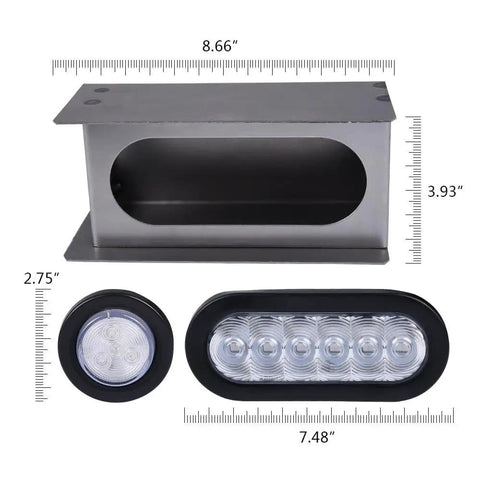 Two Pack Clear Tail Light Kit With Steel Housing For Trucks with 6-inch oval LED lights and measurements shown