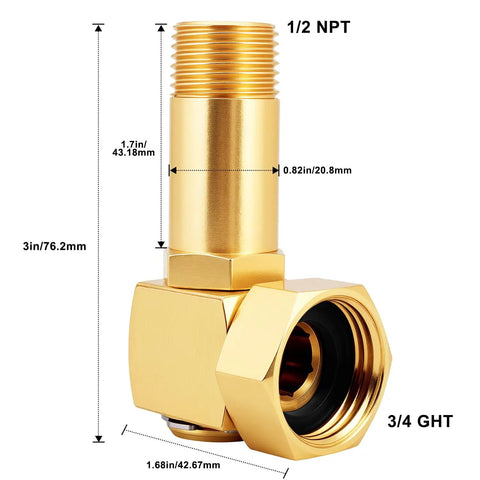 Garden Hose Reel Swivel Elbow Connector Replacement Part With Brass Construction Includes Washers Sealing Rings And Tape For Easy Install Durable Leak Free Hose Reel Accessory. 3/4 GHT to 1/2 NPT brass fitting, 3 in