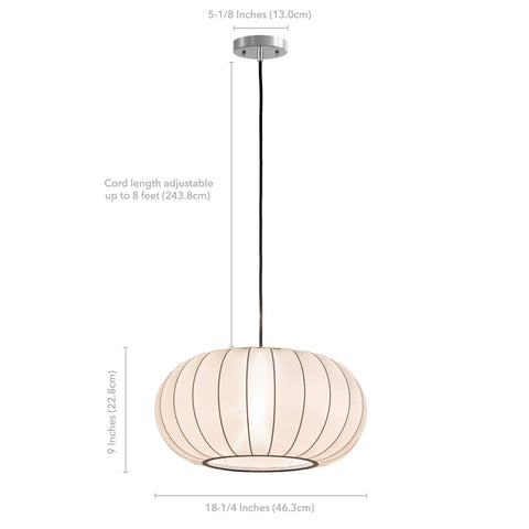 18.5 Inch Eggshell Pendant Light With White Polyester Shade, Flush Mount Ceiling Fixture, adjustable cord, soft light diffusion.