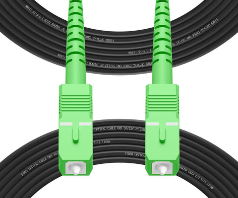 Rock Solid Outdoor Single Mode Fiber Optic Cable Armored SCA To SCA Connector 20M 66 Ft Stainless Steel Jacket Heavy Duty Network Patch Cord with green connectors.