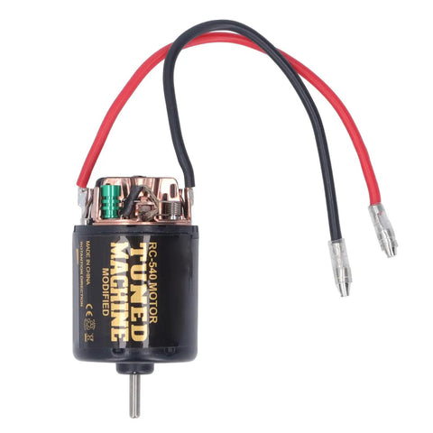 Universal 540 Brushed RC Car Motor With One Third Reduction Planetary Gear System 13T 80T, black and copper, wires attached