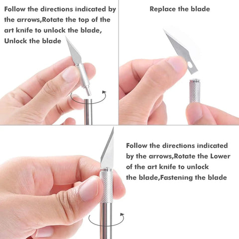 Hands demonstrating blade replacement on Go To Craft Knife Kit With Self Healing Cutting Mat And 30 SK-5 Blades for precision.