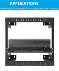 Front view of 1U Universal Server Rack Shelf for 19-Inch Racks, 10-Inch Deep, Steel Ventilated Cantilever Tray in black holding an AV receiver.
