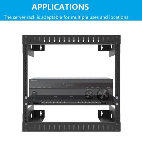 Front view of 1U Universal Server Rack Shelf for 19-Inch Racks, 10-Inch Deep, Steel Ventilated Cantilever Tray in black holding an AV receiver.