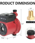 Automatic Hot Water Recirculating Pump 7 GPM 32 Ft Head dimensions with measurement labels on red compact unit.