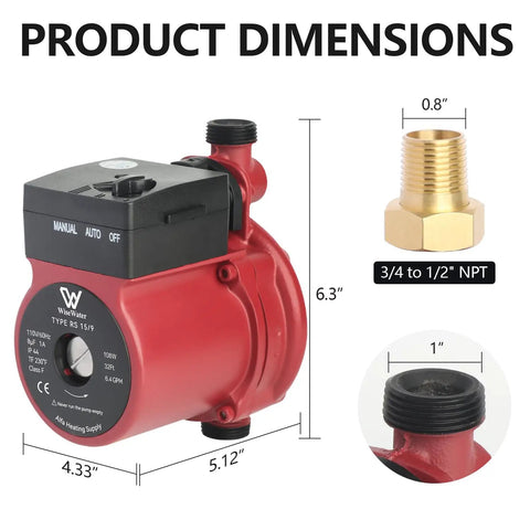 Automatic Hot Water Recirculating Pump 7 GPM 32 Ft Head dimensions with measurement labels on red compact unit.