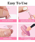 Magnetic Nail Stand Set for Press Ons with 10 Magnetic Holders and 200 Double Sided Sticky Tabs showcased in easy-to-use steps.