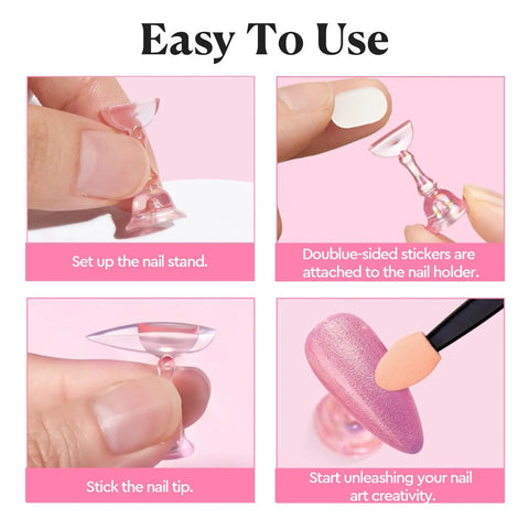 Magnetic Nail Stand Set for Press Ons with 10 Magnetic Holders and 200 Double Sided Sticky Tabs showcased in easy-to-use steps.