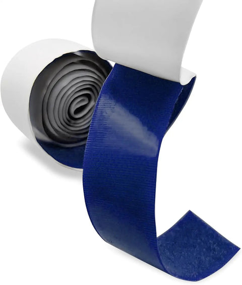 One Inch Wide Navy Hook And Loop Self Adhesive Tape Heavy Duty Blue Fastener Strips rolled with a textured surface for easy use.