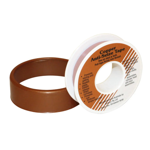 Copper Anti Seize Tape For Threads Three Quarters Inch By Fifty Feet PTFE Resin With Metal Flakes, roll and packaging view