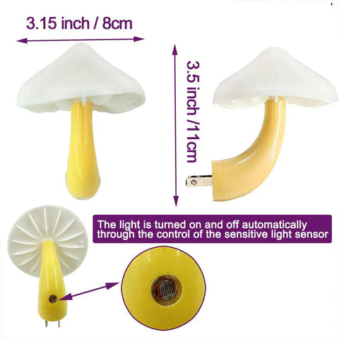 3 Pack Plug In LED Mushroom Night Lights With Dusk To Dawn Sensor featuring size and sensor details for kids rooms decor