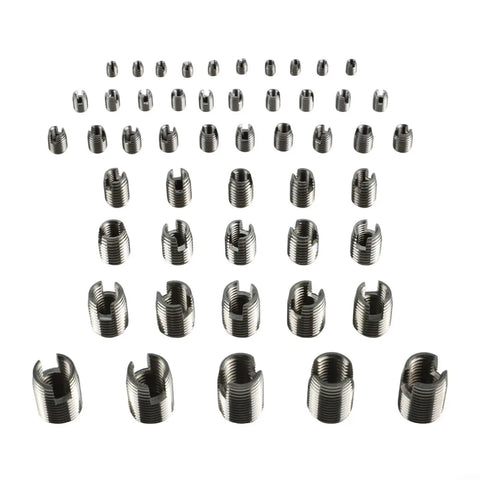 50 Pack Stainless Steel Thread Repair Insert Kit For M3 M5 M6 M8 And M10 Self Tapping Threaded Inserts shown in multiple rows