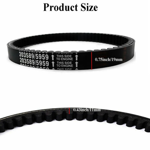 Go Kart Drive Belt For Coleman KT196 30 Series Torque Converter 196cc Engines, showing size dimensions and close-up of belt teeth.