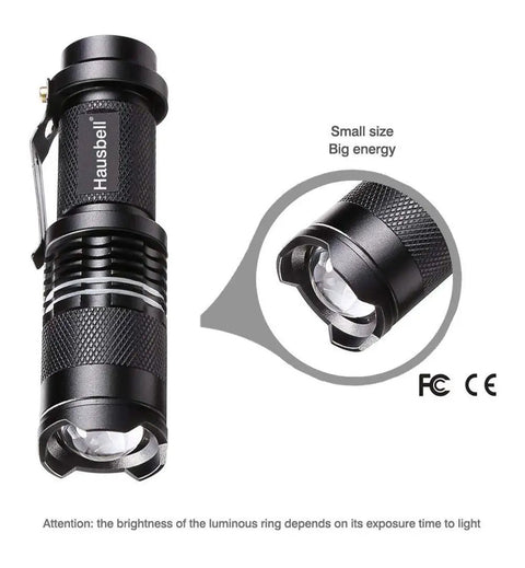Ultra Bright Mini LED Flashlights 7W Zoomable Handheld Beams, close-up view showing water resistant design and durable build.