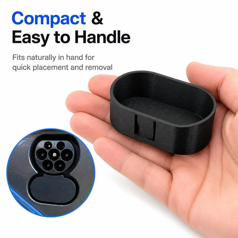 Bulletproof Ccs Charging Port Cover For Tesla Model 3 And Fisker Ocean, compact and easy to handle, black plastic cap in hand.