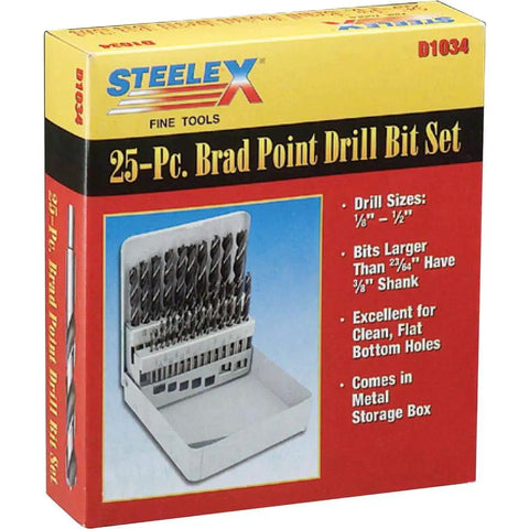 Deluxe Brad Point Bit Set 25-Piece Pack With One Eighth To One Half Inch Increments By One Sixty Fourth One Quarter Inch Shank Larger Bits Up To Three Eighth Inch Shank High Speed Steel Includes Steel Index For Woodworking DIYers