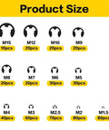 Product Size chart for 500 Piece Circlips Assortment Kit With E Clips And C Clips External Retaining Rings M1.2 To M15, Snap Opening Rings Set, Carbon Steel Heavy Duty Retaining Ring Kit For Automotive Machinery And DIY Projects.