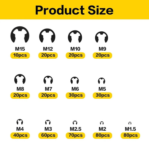 Product Size chart for 500 Piece Circlips Assortment Kit With E Clips And C Clips External Retaining Rings M1.2 To M15, Snap Opening Rings Set, Carbon Steel Heavy Duty Retaining Ring Kit For Automotive Machinery And DIY Projects.