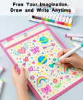 Child drawing on colorful 8 Pack Dry Erase Pocket Sleeves 10 By 14 Inches Reusable Clear Plastic Sheet Protectors with markers.