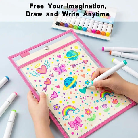 Child drawing on colorful 8 Pack Dry Erase Pocket Sleeves 10 By 14 Inches Reusable Clear Plastic Sheet Protectors with markers.