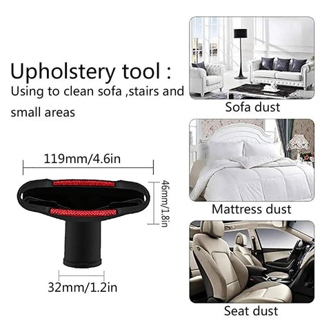 Upholstery tool for Must Have Versatile Vacuum Attachments Kit for 32mm and 35mm vacuums, shown with sofa, mattress, and car seat images.