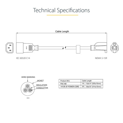 Technical diagram of Compact 1ft Computer Power Extension Cord From IEC 60320 C14 To NEMA 5 15R For PC Server or Home Office
