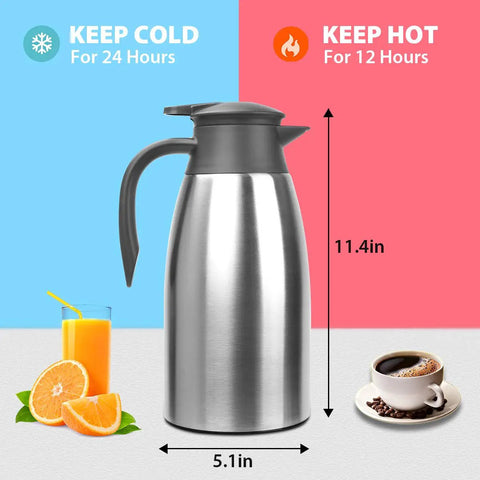 Double Walled Stainless Steel Thermal Coffee Carafe 68-Ounce Two-Liter Capacity Dispenser with icons and dimensions