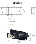 Five Way Three Position Foot Operated Pneumatic Valve With Center Closed Return 1 MPa G One Quarter Inch Port Aluminum Alloy Body Raise Lower Hold At Any Height Kickass Foot Pedal Air Control Valve diagram with dimensions and airflow structure.