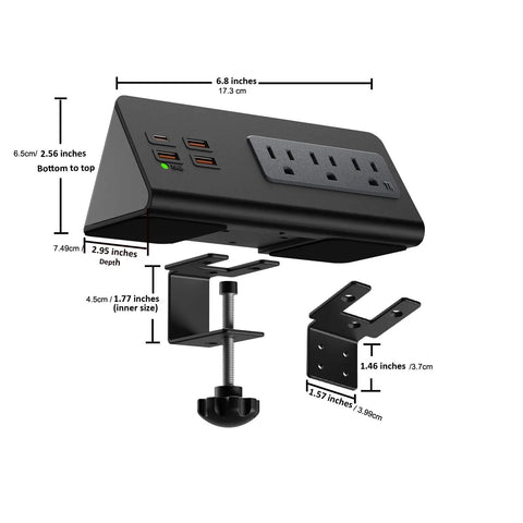 Desk Edge Clamp Power Strip With 15A 1875W Load USB C PD 30W Port 3 AC Outlets And 4 Fast Charging USB Ports dimensions