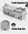 Oversize 4 In 1 Car Trunk Storage Organizer With Collapsible Design Multi Compartment Trunk Box And Cooler Bag For Car Truck SUV Minivan Ultra Large 95L Capacity Keeps Your Gear In Check And Ready To Roll, showing product dimensions and cooler bag size.