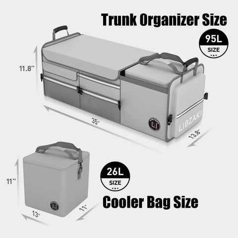 Oversize 4 In 1 Car Trunk Storage Organizer With Collapsible Design Multi Compartment Trunk Box And Cooler Bag For Car Truck SUV Minivan Ultra Large 95L Capacity Keeps Your Gear In Check And Ready To Roll, showing product dimensions and cooler bag size.
