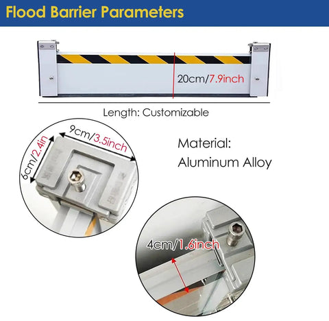 Heavy Duty Aluminum Garage Door Flood Barrier Detachable Water Prevention Shield With Sealing Strip For Driveway Warehouse shown with sizes and aluminum alloy details.