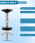 Heavy Duty Universal Toilet Tank To Bowl Gasket And Stainless Steel Bolt Kit decomposed view of durable bolts and gaskets.
