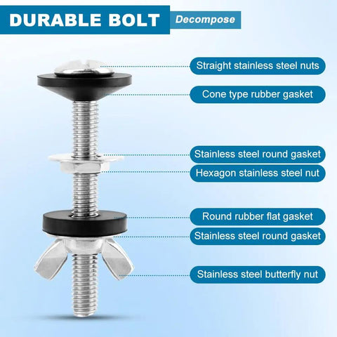Heavy Duty Universal Toilet Tank To Bowl Gasket And Stainless Steel Bolt Kit decomposed view of durable bolts and gaskets.