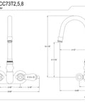 Diagram of Vintage Leg Tub Filler With Porcelain Lever Handles In Polished Chrome Solid Brass Construction and dimensions