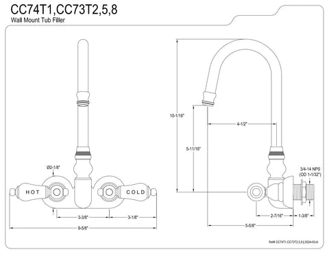 Diagram of Vintage Leg Tub Filler With Porcelain Lever Handles In Polished Chrome Solid Brass Construction and dimensions