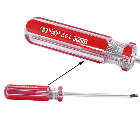 T20 Security Torx Screwdriver With Strong Magnetic Tip 7 Inch Chrome Vanadium Build Red Grip close-up showing the tip and handle.