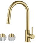 Slick Brushed Gold Kitchen Faucet With Pull Down Sprayer And Dual Spray Modes High Arc Spout Design for easy use.