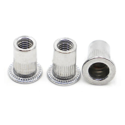 Three 10 Pcs Flat Head Threaded Insert Nuts M3 To M12 Zinc Plated Steel Rivet With Knurled Body for Metal Plates.