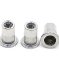 Amp Up Your Metal Fixes With This Awesome 10-Piece Set Of Flat Head Threaded Insert Nuts Ranging From M3 To M12 That Boasts Rock Hard Aluminum Build For Heavy Load And Super Secure Fastening In Cars, Homes, Or Any Wild Industrial Project Without Losing A - close-up of aluminum threaded insert nuts.