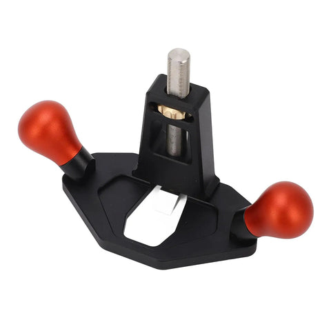 Precision Woodworking Router Plane And Hand Planer Featuring Cnc Machined Aluminum Build With Sharpened Carbon Steel Blade view with red knobs and black base.