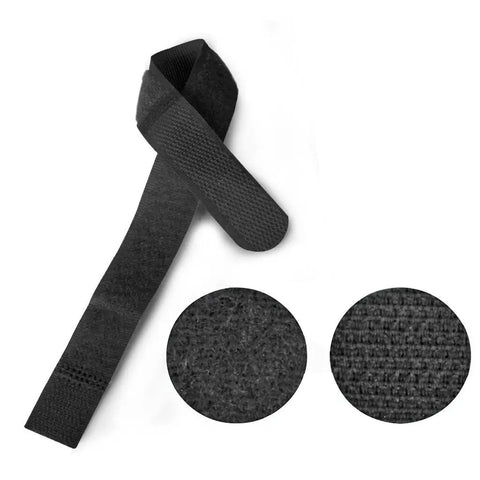 Black strap and fabric texture detail from Twenty Pack Reusable Cable Organizer Ties For Earbuds Headphones Chargers And Cables 3 Sizes Assorted Colors Set No Fuss Quick Fasten Minimal Tangle Ideal For PC Laptop USB Cables And Electronics Wire Management.